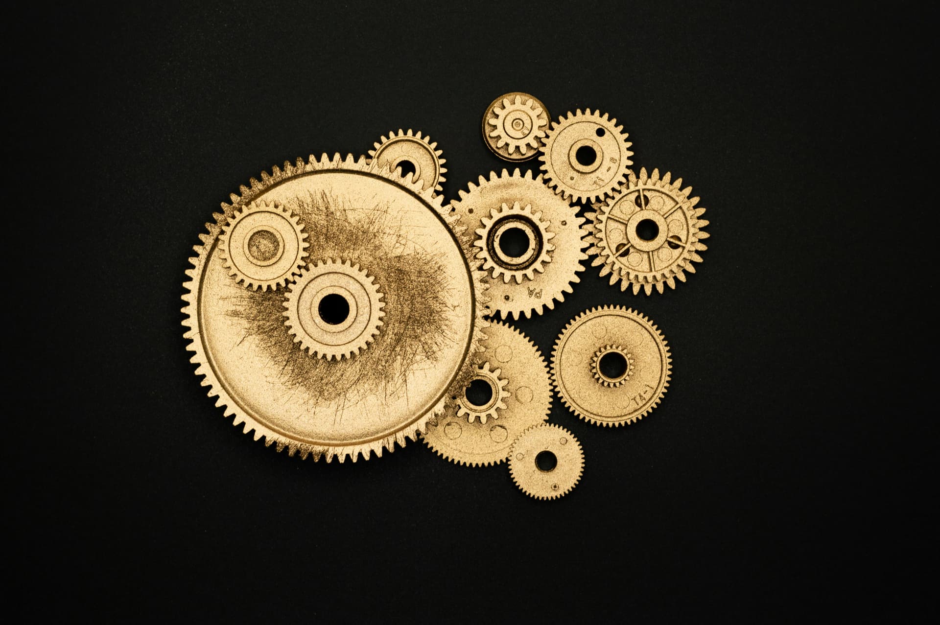 Interlocking brass gears illustrating the meshing gear mechanism used in rotary gear pumps